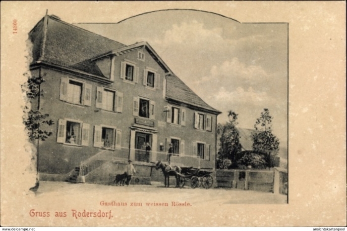 <p>Gruss aus Rodersdorf , mit Pferd und Fuhrwerk vor Gasthof</p>
<p>Karte Top Zustand</p>